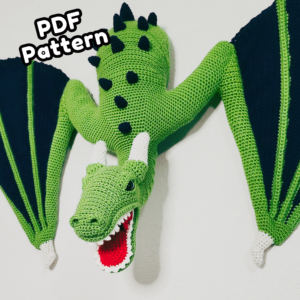 Large green crochet wall dragon pattern, Bishop, a Hooked by Kati design
